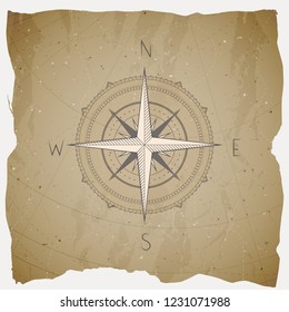Vector illustration with a vintage compass or wind rose on grunge background. With basic directions North, East, South and West.
