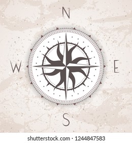 Vector illustration with a vintage compass or wind rose on grunge background. With basic directions North, East, South and West.
