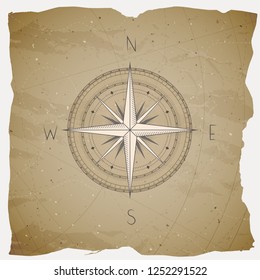 Vector illustration with a vintage compass or wind rose on grunge background. With basic directions North, East, South and West.