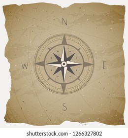 Vector illustration with a vintage compass or wind rose on grunge background. With basic directions North, East, South and West.