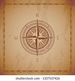 Vector illustration with a vintage compass or wind rose and frame on grunge background. With basic directions North, East, South and West.