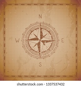 Vector illustration with a vintage compass or wind rose and frame on grunge background. With basic directions North, East, South and West.