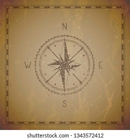 Vector illustration with a vintage compass or wind rose and frame on grunge background. With basic directions North, East, South and West.