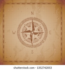 Vector illustration with a vintage compass or wind rose and frame on grunge background. With basic directions North, East, South and West.