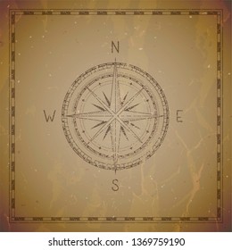 Vector illustration with a vintage compass or wind rose and frame on grunge background. With basic directions North, East, South and West.