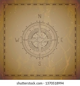 Vector illustration with a vintage compass or wind rose and frame on grunge background. With basic directions North, East, South and West.