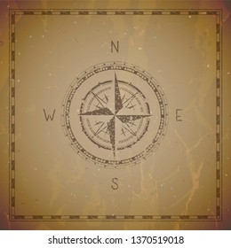 Vector illustration with a vintage compass or wind rose and frame on grunge background. With basic directions North, East, South and West.
