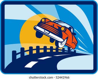 Vector Illustration Of A Vintage Convertible Car Flying Off The Road