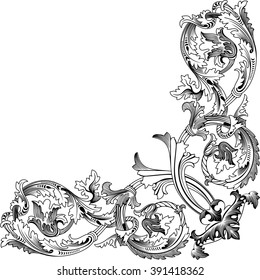 Vector illustration of Vintage corner baroque scroll ornament. Antique style.