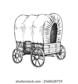 Vector illustration of vintage covered wagon. Pioneer vehicle from the Wild West. Symbol of historical America.