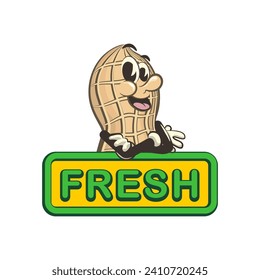 vector illustration vintage cute peanut character mascot folding hands while holding a sign saying fresh