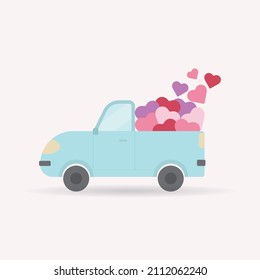 Vector Illustration Vintage Cute Pickup Truck Car With Hearts. Card Drawn Flat Light Blue Truck For Valentine's Day. Romantic Courier, Mail, Love