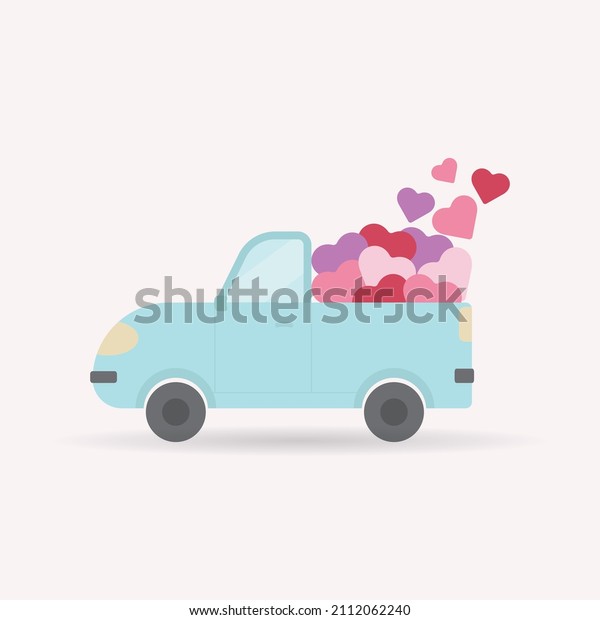 vector illustration vintage cute pickup truck car\
with hearts. card drawn flat light blue truck for valentine\'s day.\
romantic courier, mail,\
love