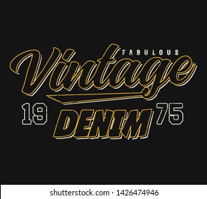 Vector illustration VINTAGE DENIM Craft retro vintage fashion apparel design. Drawn in graphic style. Badge label logo template. Urban brand. American old style. Typography print for boy shirt.