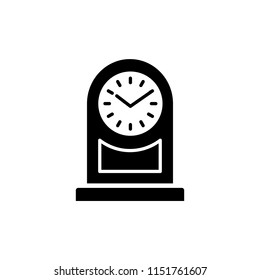 Vector illustration of vintage desk clock. Flat icon of analog device for measuring time. Old tabletop clock. Isolated object on white background. Front view.