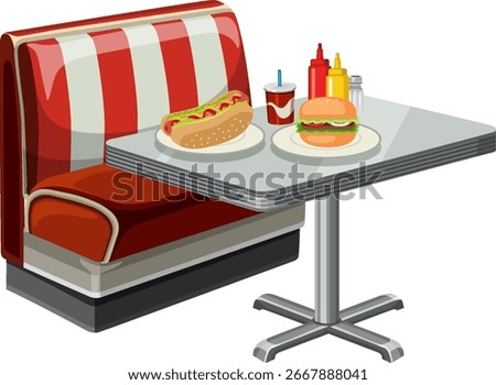 Vector illustration of a vintage diner booth with a burger, hot dog, and soda on the table