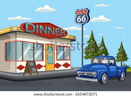 Vector illustration of a vintage diner and classic truck on Route 66. Bright colors and nostalgic style evoke mid-century Americana
