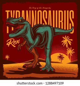 Vector illustration of a vintage dinosaur style on the beach at sunset background