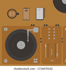 Vector illustration vintage DJ vinyl controller with a cup, notebook and pen. 
