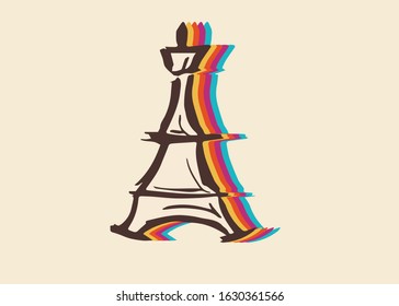 Vector Illustration of Vintage Eiffel Tower Paris with Cute and Rainbow Color