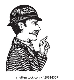 Vector illustration of vintage engraved man in bowler hat and coat pointing at something with his hand, isolated on white.