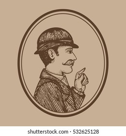 Vector illustration of vintage engraved man in bowler hat and coat, brown ink engraving on parchment paper, in round frame, hand drawn clip art.