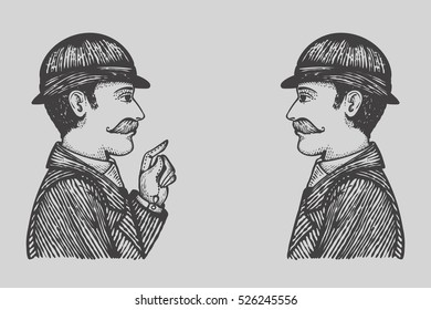 Vector illustration of vintage engraved men in bowler hats and coats, hand drawn clip art of communication, talking and dialog concept.