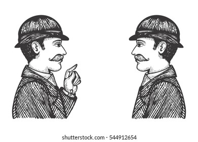 Vector illustration of vintage engraved men in bowler hats and coats, hand drawn clip art of communication, talking and dialog concept.