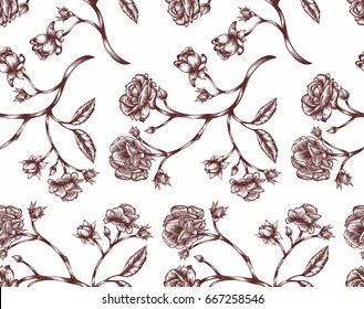 Vector illustration of vintage engraved rose twigs with leaves and petals - seamless pattern in retro style with botanical illustration, hand drawn clip art.