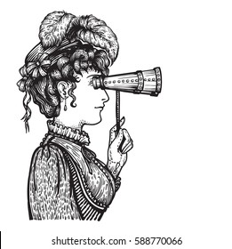 Vector illustration of vintage engraved woman in hat with feathers and dress - person looking through binocular at something - isolated on white with copy space, hand drawn clip art.