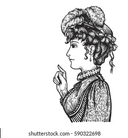 Vector illustration of vintage engraved woman in hat with feathers and dress - person pointing with index finger, showing something - isolated on white with copy space, hand drawn clip art.