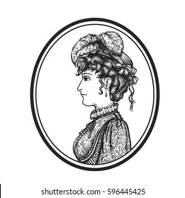 Vector illustration of vintage engraved woman in hat with feathers and dress, portrait on round oval frame isolated on white with copy space, hand drawn clip art.