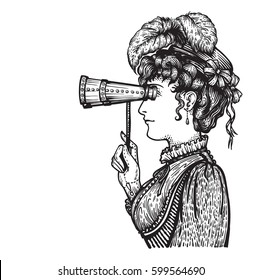 Vector illustration of vintage engraved woman in hat with feathers and dress - person looking through binocular at something - isolated on white with copy space, hand drawn clip art.