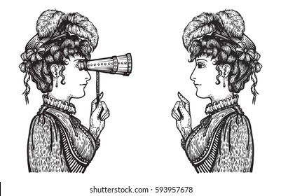 Vector illustration of vintage engraved women - person pointing with index finger, showing something to person looking through binoculars with high attention - hand drawn clipart