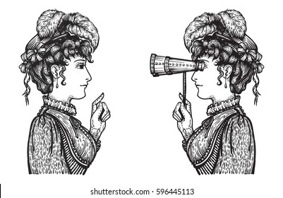 Vector illustration of vintage engraved women - person pointing with index finger, showing something to person looking through binoculars with high attention - hand drawn clipart