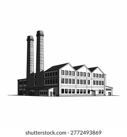 Vector illustration of a vintage factory with towering chimneys and brick facade, ideal for industrial, business, or urban development projects in marketing and design.