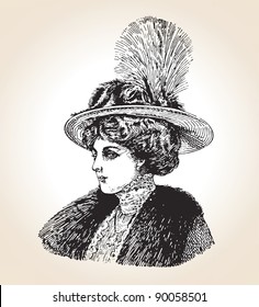 Vector illustration of vintage fashionable woman. Souvenir, Saint Peters burg, 1880.