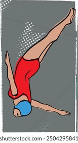 vector illustration of the vintage female person in a jump in the water