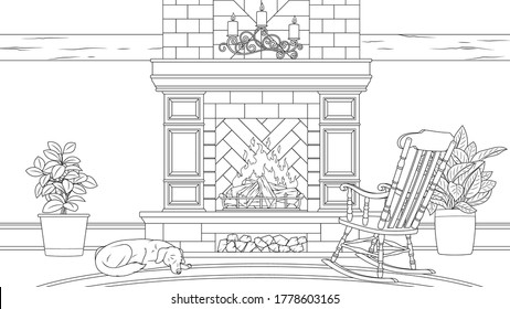 Vector illustration, vintage fireplace with rocking chair and sleeping dog, coloring book.
