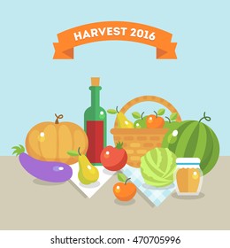 Vector illustration in vintage flat design. Autumn harvest of wine, honey, fruits and vegetables: apple, pear, pumpkin, watermelon, eggplant, tomato, cabbage on a table 