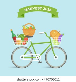 Vector illustration in vintage flat design. Autumn harvest of wine, honey, fruits and vegetables (apple, pear, pumpkin, watermelon, eggplant, tomato, cabbage) that are delivered in bicycle baskets