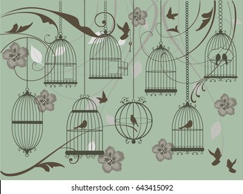 vector illustration of vintage floral background with bird cages.
