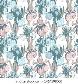 Vector illustration vintage Floral flower iris seamless hand drawn pattern. Colored ink splatter grunge style. Textured background flowers, floral design. Blue, pink, gold colors