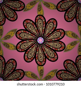 Vector illustration. Vintage flower design elements. Pink, black and beige curly flowers shapes on pink, black and beige colors.