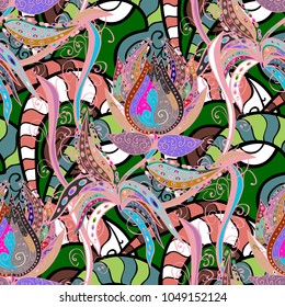 Vector illustration. Vintage flower design elements. Pink, green and black curly flowers shapes on pink, green and black colors.