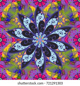 Vector illustration. Vintage flower design elements. Violet, gray and green curly flowers shapes on violet, gray and green colors.
