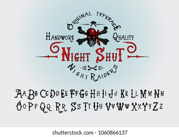 Vector illustration of a vintage font, the Latin alphabet with retro pirate print with skull and crossbones. Template, design element.