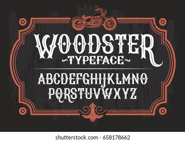 Vector illustration of a vintage font, the Latin alphabet in a retro frame with a custom motorcycle. Template, design element