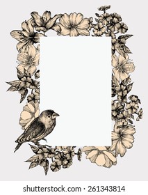 Vector illustration. Vintage frame with blooming flowers and birds, hand-drawing.