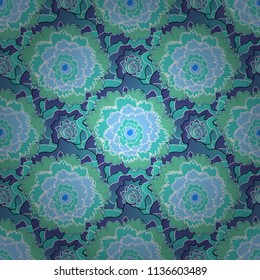 Vector illustration. Vintage garden natural seamless pattern with abstract stylized green, white and blue flowers, botanical illustration, cute print.